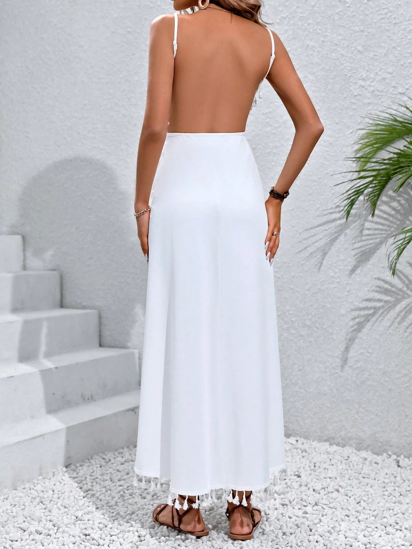 Spaghetti Strap Tassel Trim Side Slit Maxi Dress