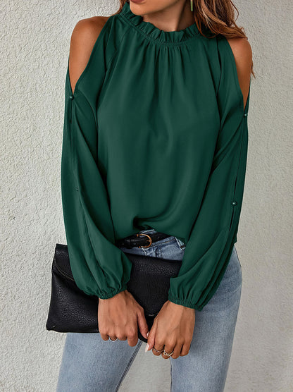 Ruffle Mock Neck Cold Shoulder Chiffon Blouse