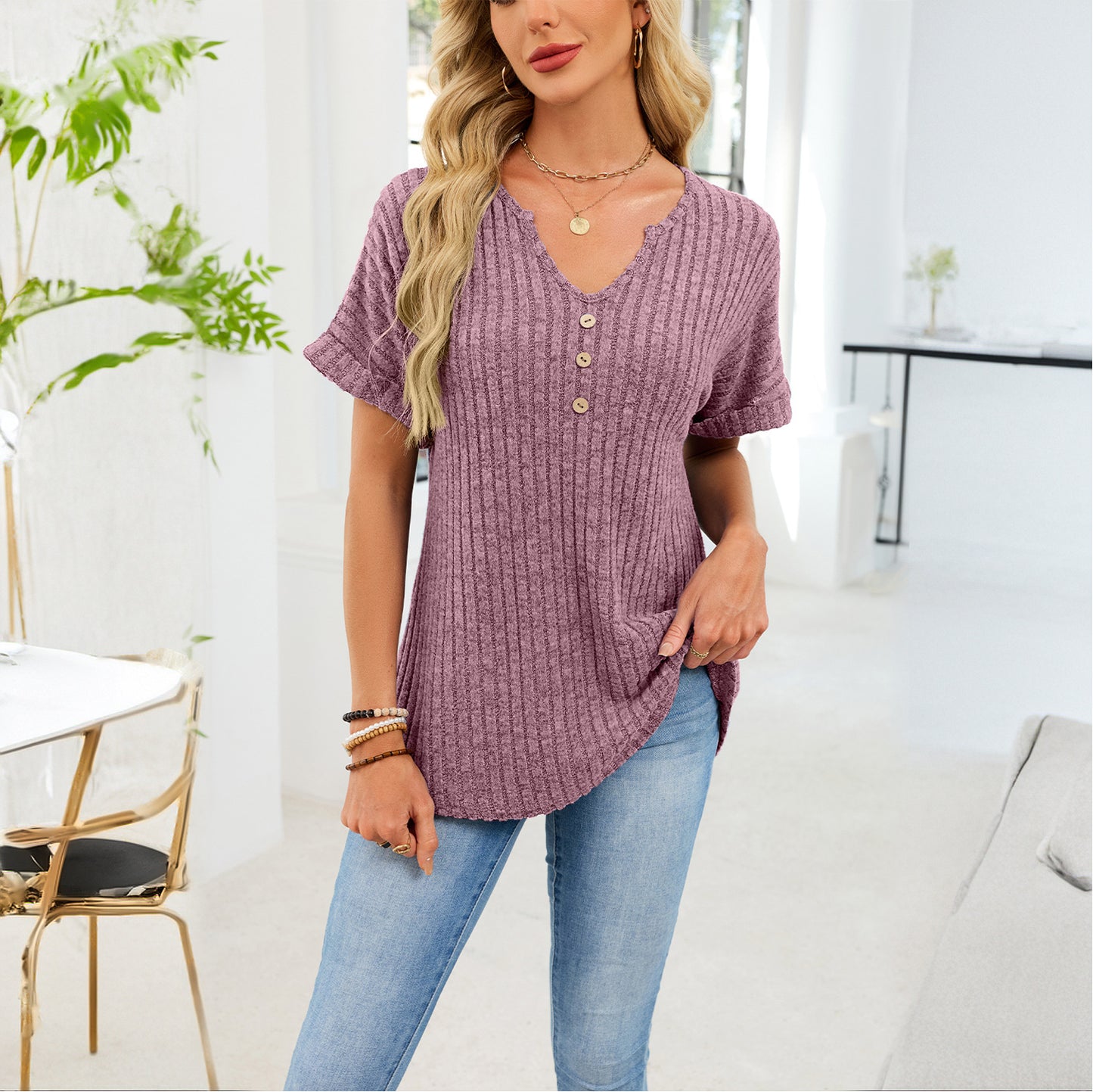 Ribbed V-Neck Button Top – Loose Fit Summer Casual Tee