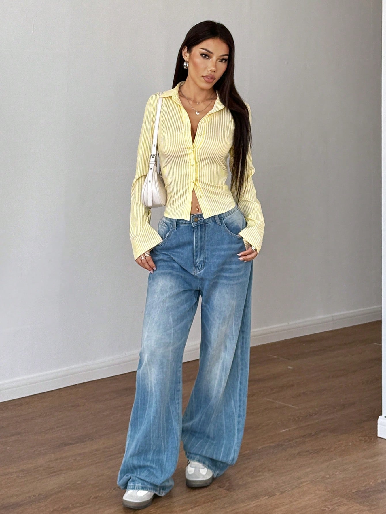 Striped V Neck Button Down Fitted Shirt Blouse for Women
