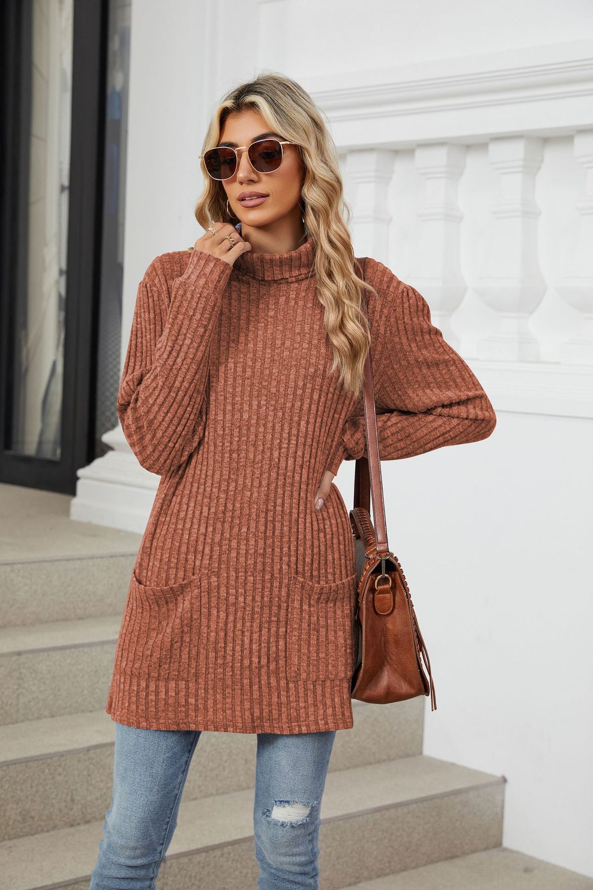 Women's Oversized Ribbed Mock Neck Tunic with Pockets