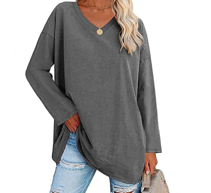Women's Oversized V-Neck Long Sleeve Loose Fit T-Shirt