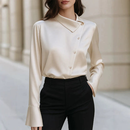 Women Satin Asymmetrical Collar Bell Sleeve Work Blouse