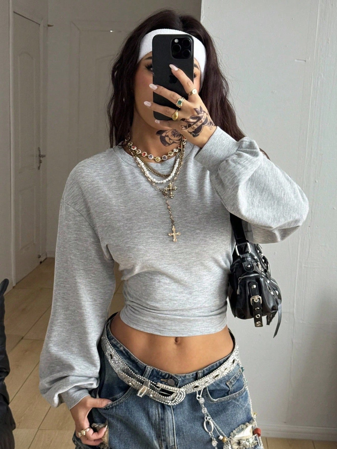 Y2K Crop Sweatshirt Slim Fit Solid Long Sleeve Top