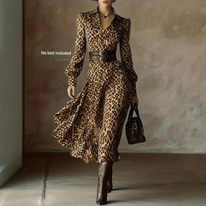 Casual V-Neck Long Sleeve Printed Maxi Dress Belted