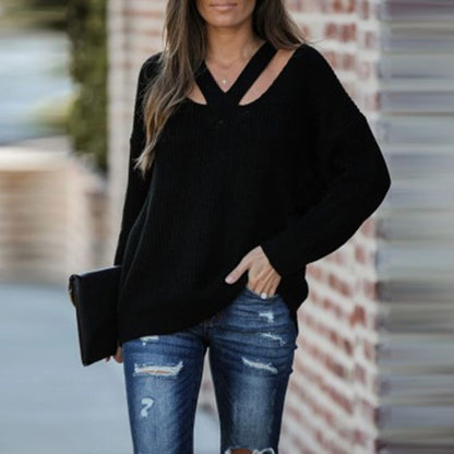 Women's Oversized V Neck Backless Chunky Knit Sweater