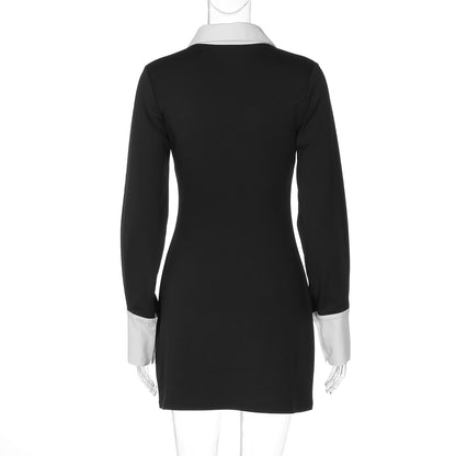 Women's Contrast Collar Long Sleeve Bodycon Mini Dress