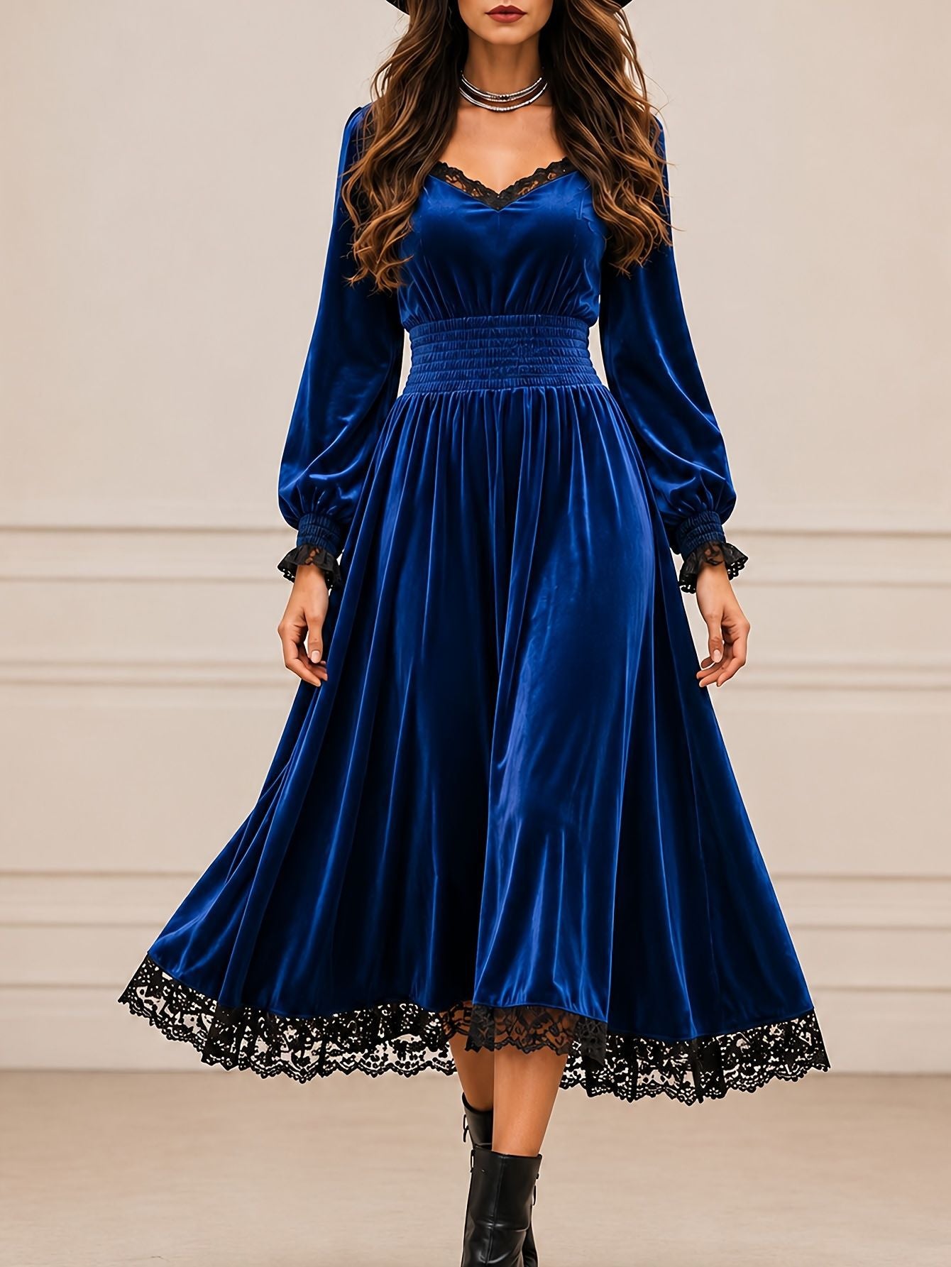 Women's Velvet Lace Trim V-Neck Long Sleeve Midi Dress