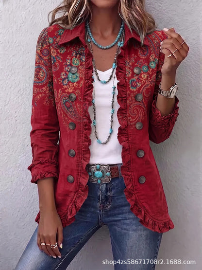 Women's Leopard Ruffle Button Down Long Sleeve Cardigan