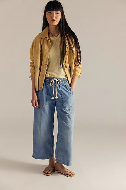 Women's Baggy Wide Leg Jeans Elastic Waist Drawstring
