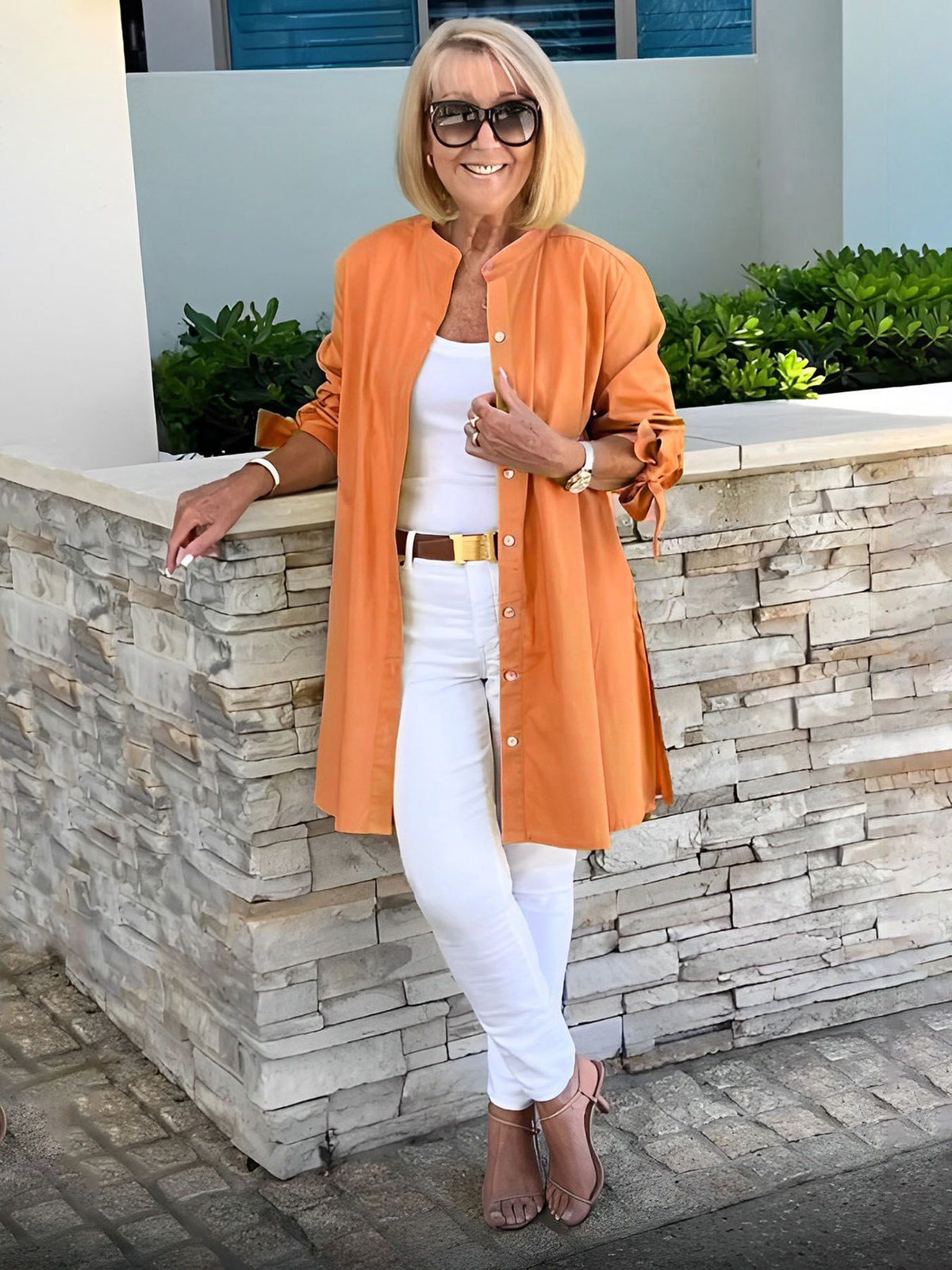 Women's Cotton Button Front Tie Sleeve Tunic Blouse