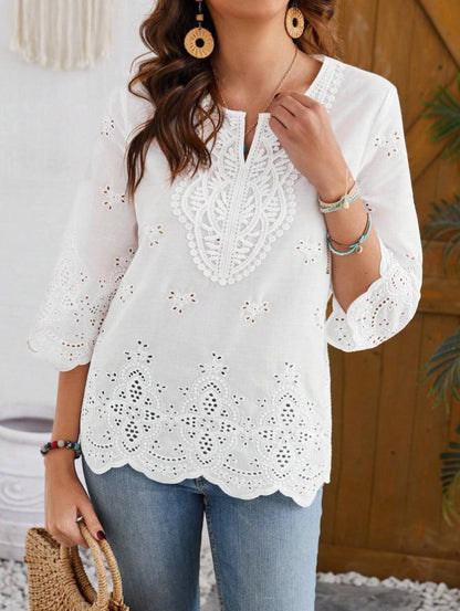 Women's Eyelet Lace V-Neck 3/4 Sleeve Blouse