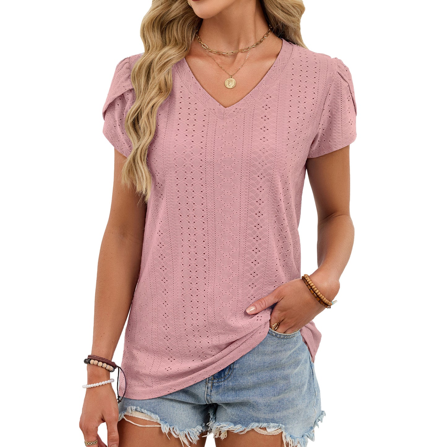 Summer V-Neck Tile Sleeve Loose Fit Casual Top
