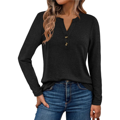 Women's Long Sleeve V-Neck Henley Loose Fit Top