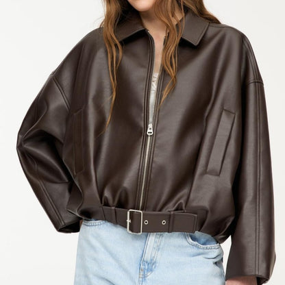 Women's Oversized Faux Leather Bomber Jacket Vintage