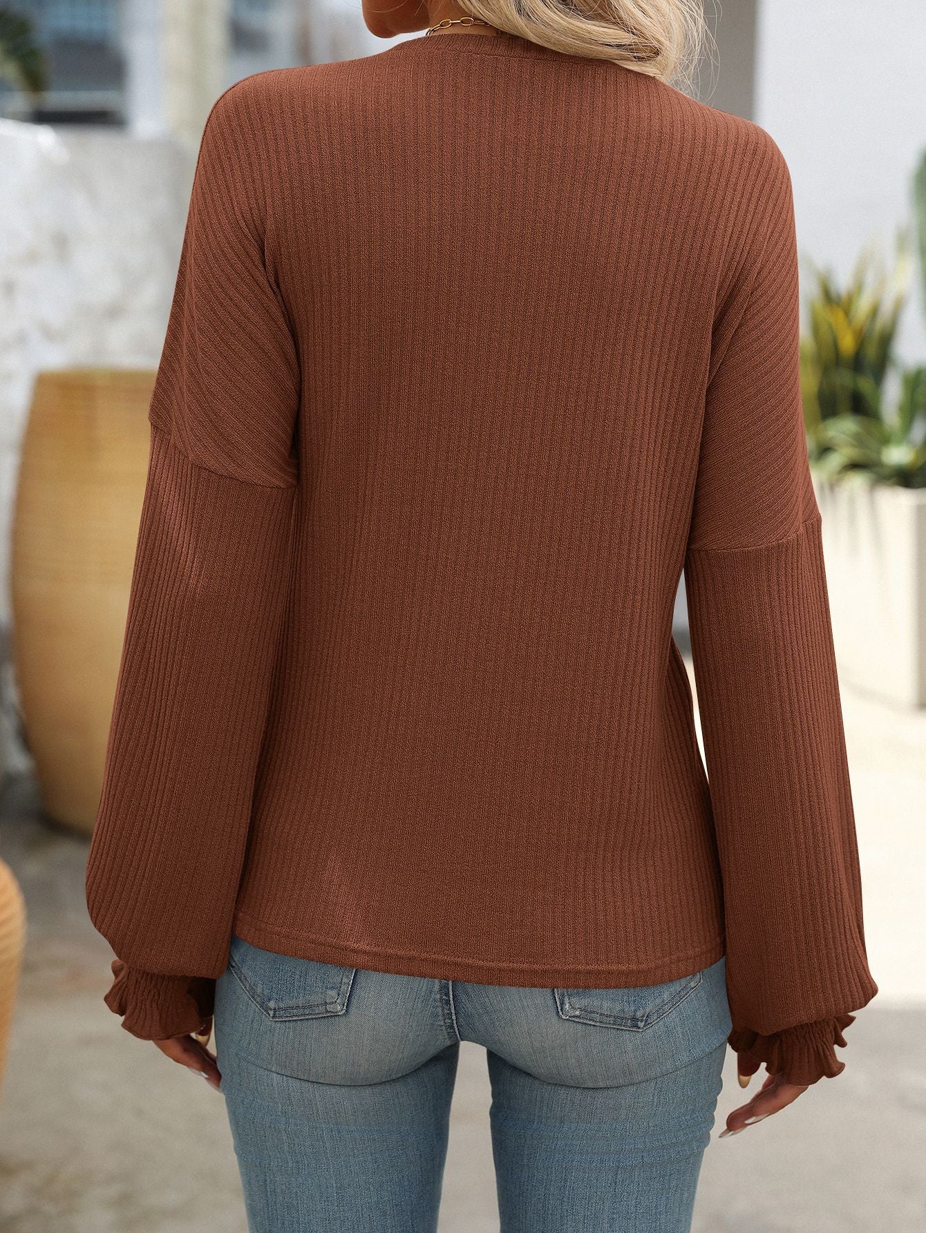 Women’s Ribbed Knit Crewneck Top with Smocked Cuffs