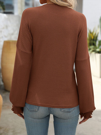 Women’s Ribbed Knit Crewneck Top with Smocked Cuffs