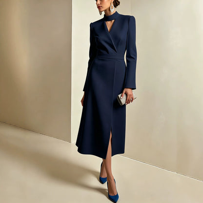 Women's V Neck Long Sleeve A-Line Midi Slit Dress