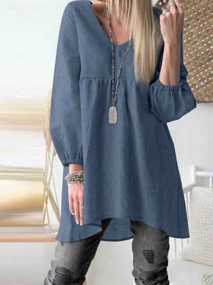 Women's V-Neck Balloon Sleeve Cotton Blend Tunic Top