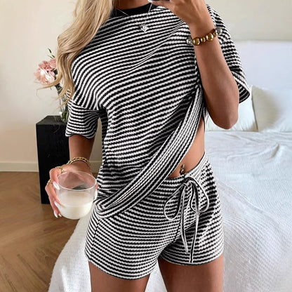 Pink Striped Waffle Knit Lounge Set Shorts Set Women