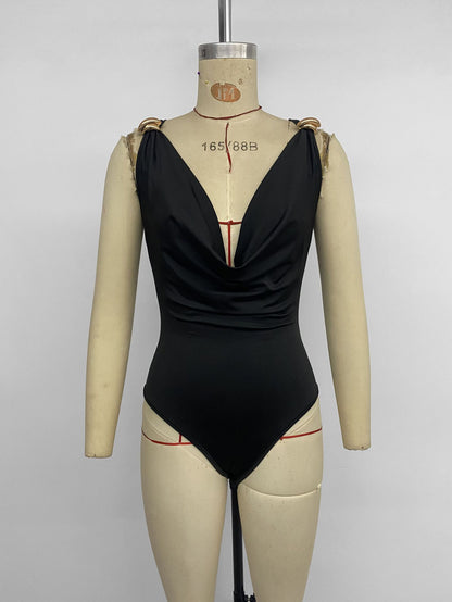 Metal Strap Cowl Neck Bodysuit Sexy Sleeveless Bodycon Top