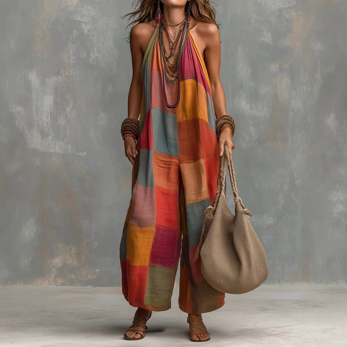Women's Boho Colorblock Wide Leg Jumpsuit