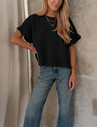 Ruffle Sleeve Crochet Knit Sweater Top Women Summer Blouse