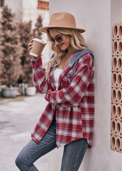 Plaid Hooded Shacket Jacket Oversized Fall Flannel Coat