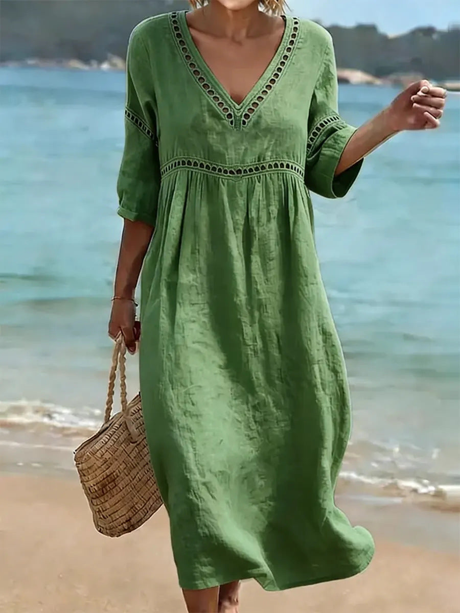 Women's V-Neck Eyelet Midi Dress Flowy 3/4 Sleeve