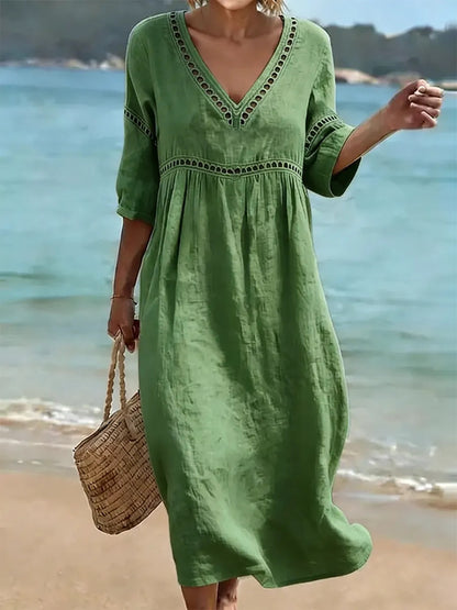 Women's V-Neck Eyelet Midi Dress Flowy 3/4 Sleeve