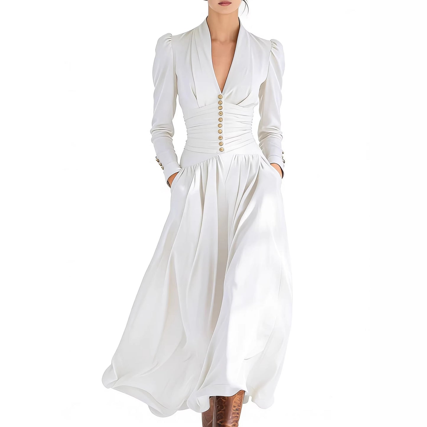 Elegant Satin V-Neck Puff Sleeve Ruched Formal Maxi Dress