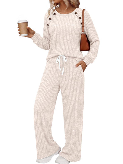 Womens Ribbed Knit 2 Piece Set Button Top Wide Leg Pants