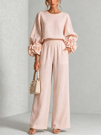 Women's Floral Cuff Top Wide Leg Pants Matching Set