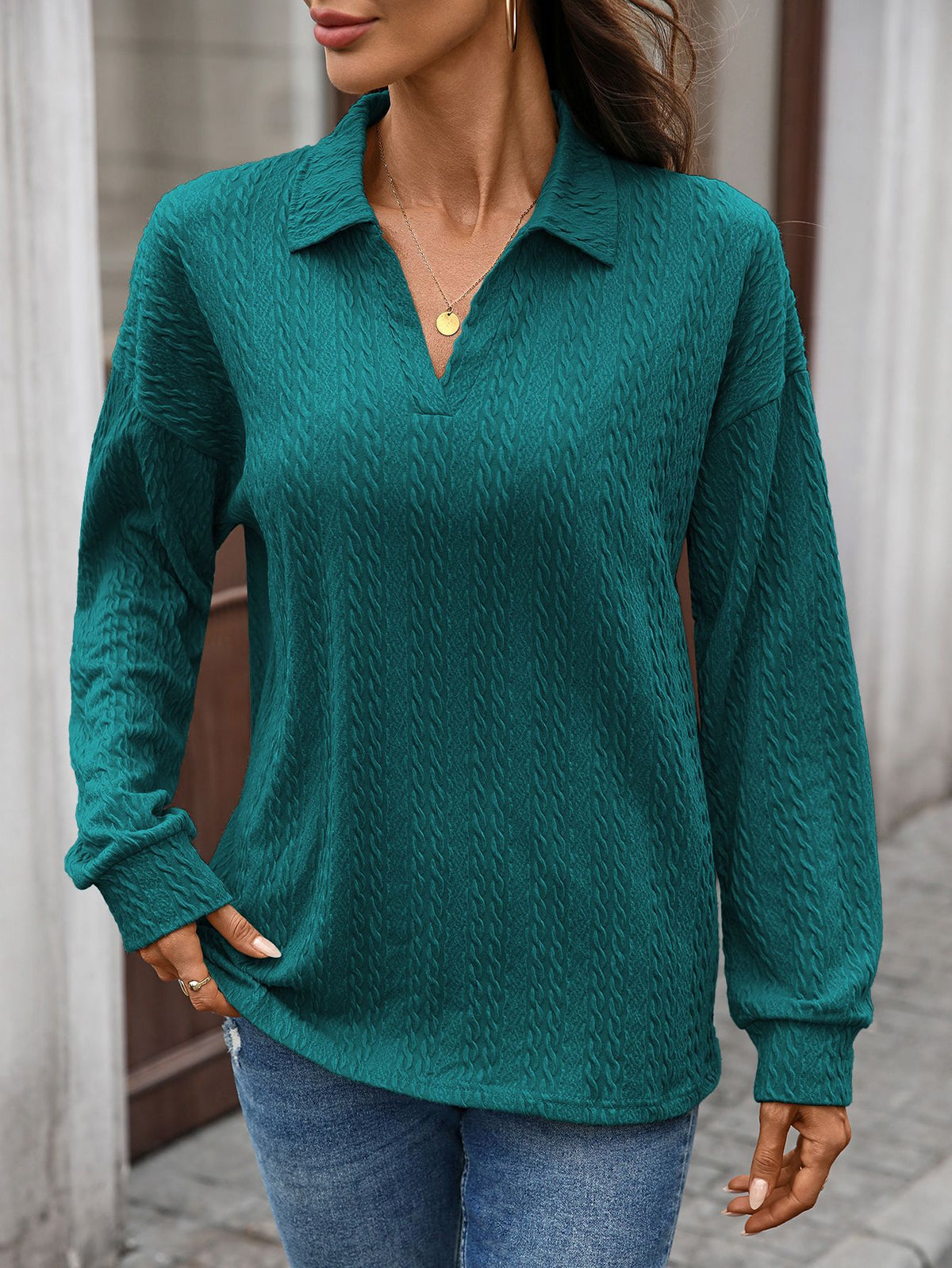 Women's Textured Collared Sweatshirt Long Sleeve Pullover