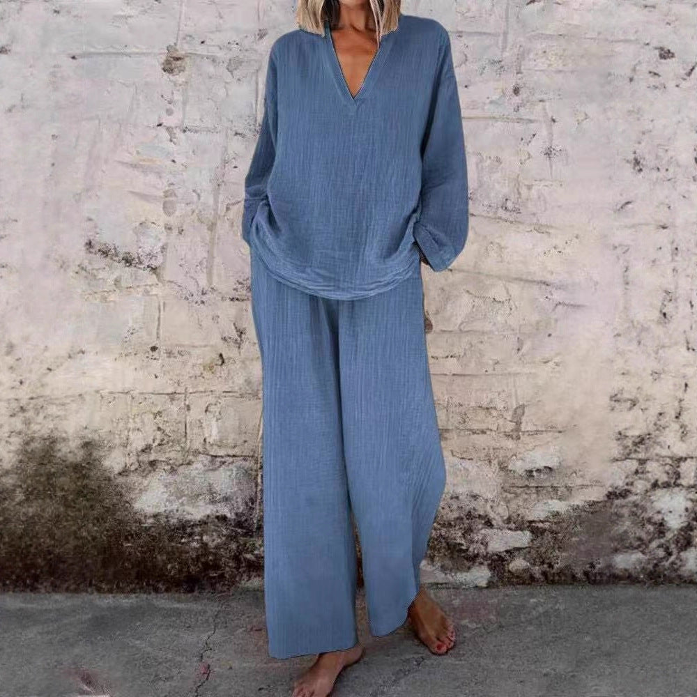 Women's Solid V Neck Wide Leg Pants Casual Two Piece Set