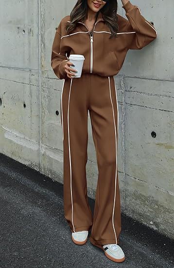 Contrast Trim Zip Jacket Pants Two Piece Set