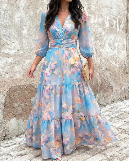 Floral Chiffon Maxi Dress V-Neck 3/4 Sleeve Smocked Tiered