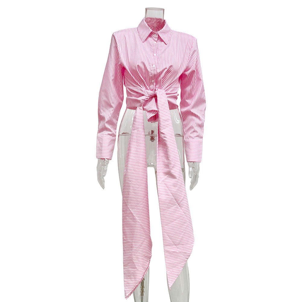 Women's Striped Tie Waist Long Sleeve Button Down Shirt