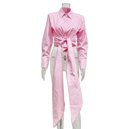 Women's Striped Tie Waist Long Sleeve Button Down Shirt