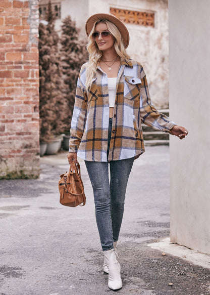 Khaki Women's Oversized Plaid Flannel Shacket with Chest Pocket
