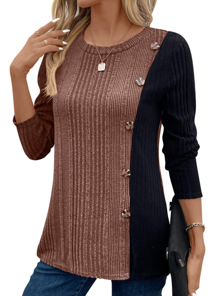 Color Block Button Split Top Casual Long Sleeve Cross-Border