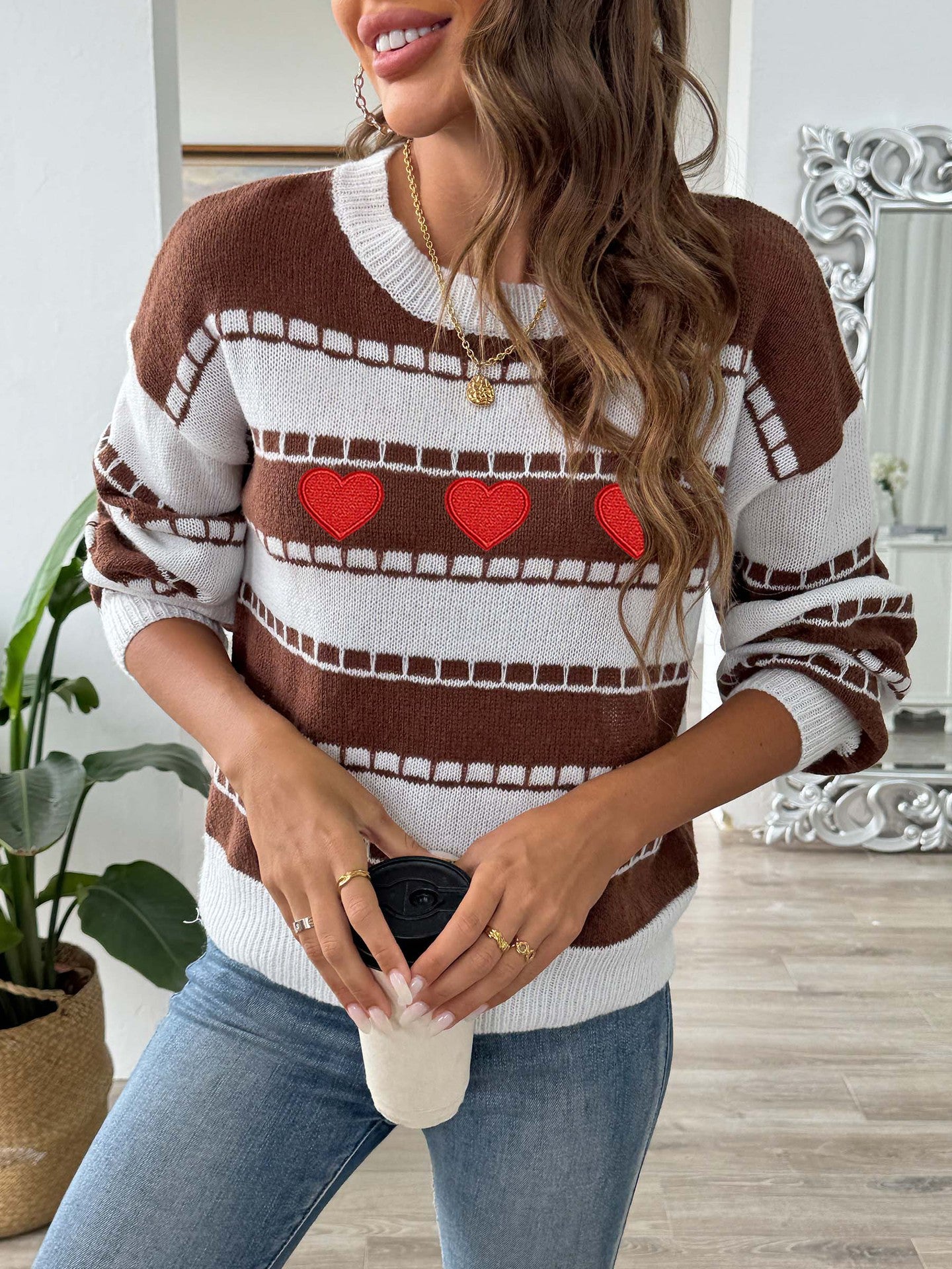 Colorblock Striped Sweater | Embroidered Heart Patch Design