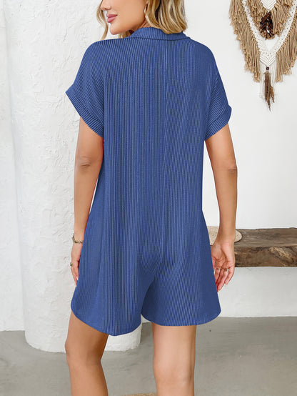 Lapel Button Loose Pocket Short Sleeve Jumpsuit