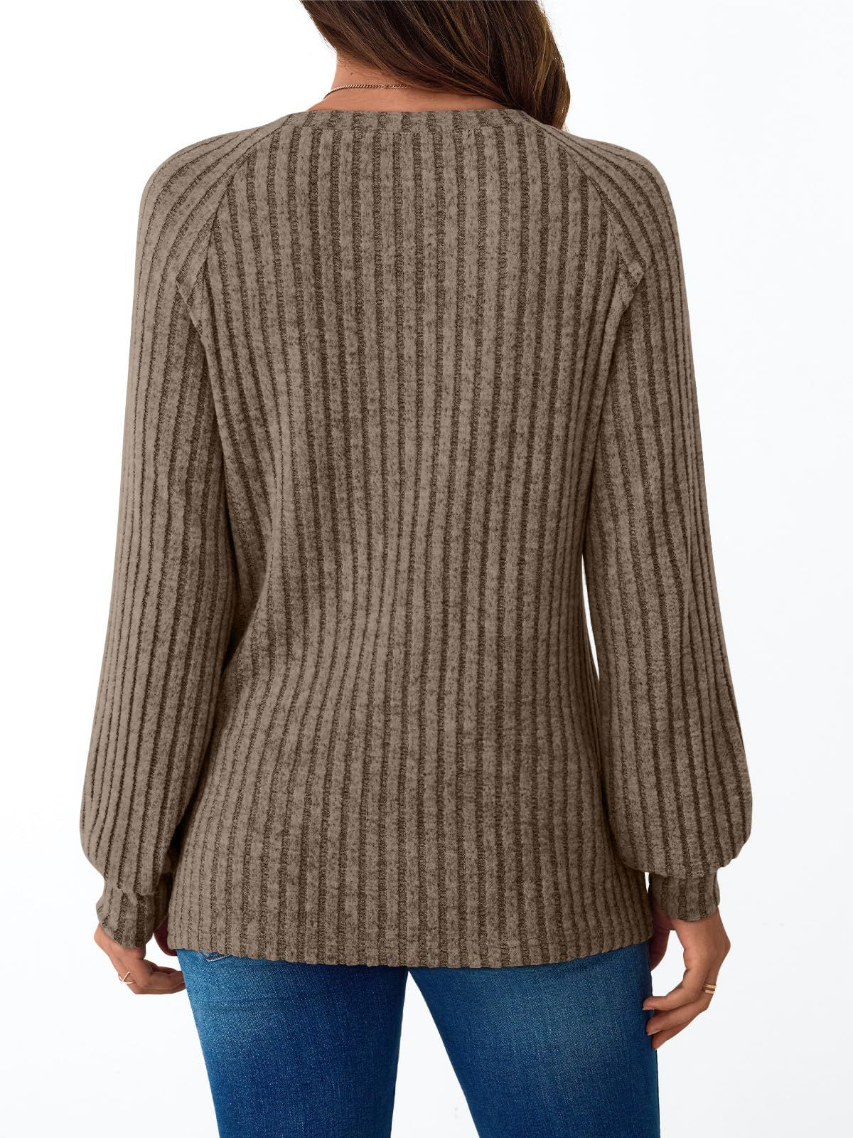 Ribbed Knit Crewneck Sweatshirt with Button Detail
