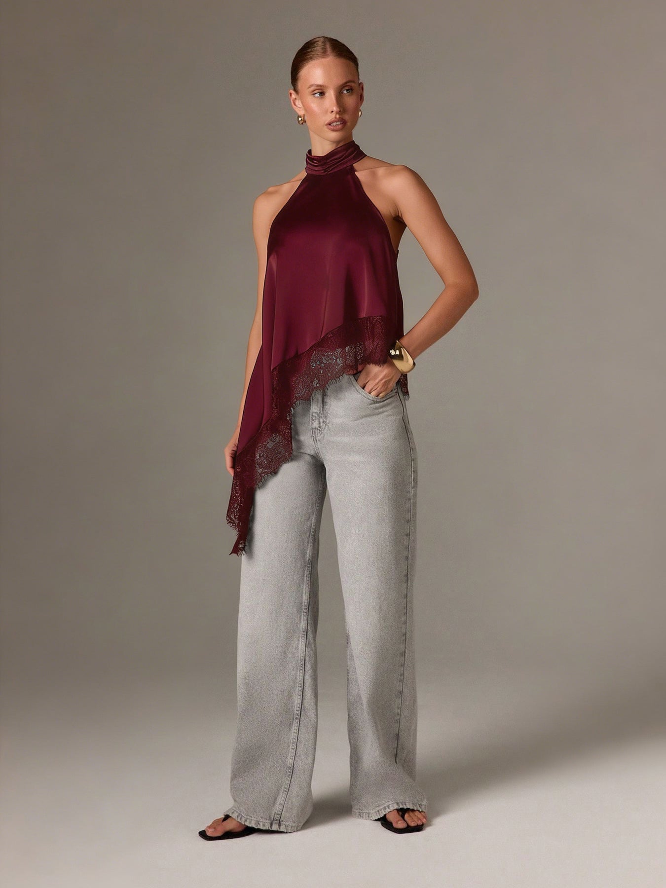Satin Lace Trim Halter Tank Sleeveless Summer Top