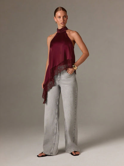 Satin Lace Trim Halter Tank Sleeveless Summer Top
