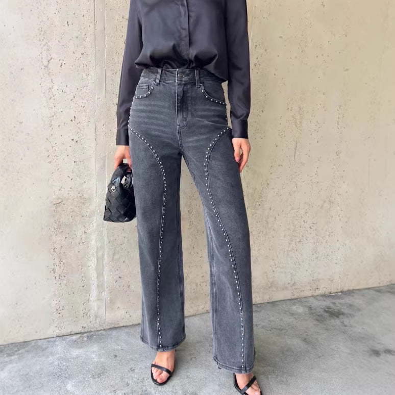 Pearl Embellished High Waist Wide Leg Jeans