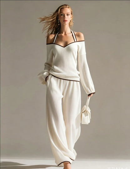 Off Shoulder Contrast Trim Knit Top and Pants Set