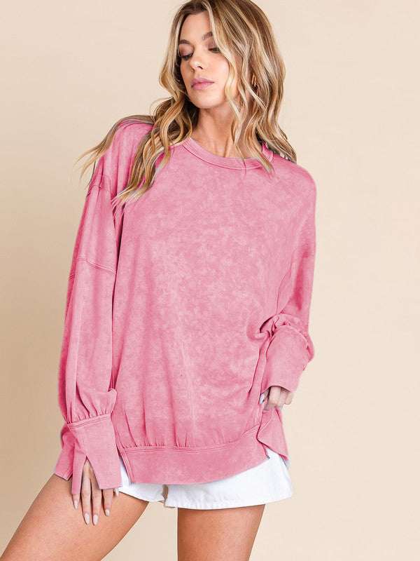 Acid Wash Oversized Sweatshirt Side Slit Drop Shoulder