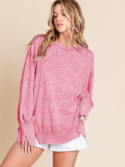 Acid Wash Oversized Sweatshirt Side Slit Drop Shoulder